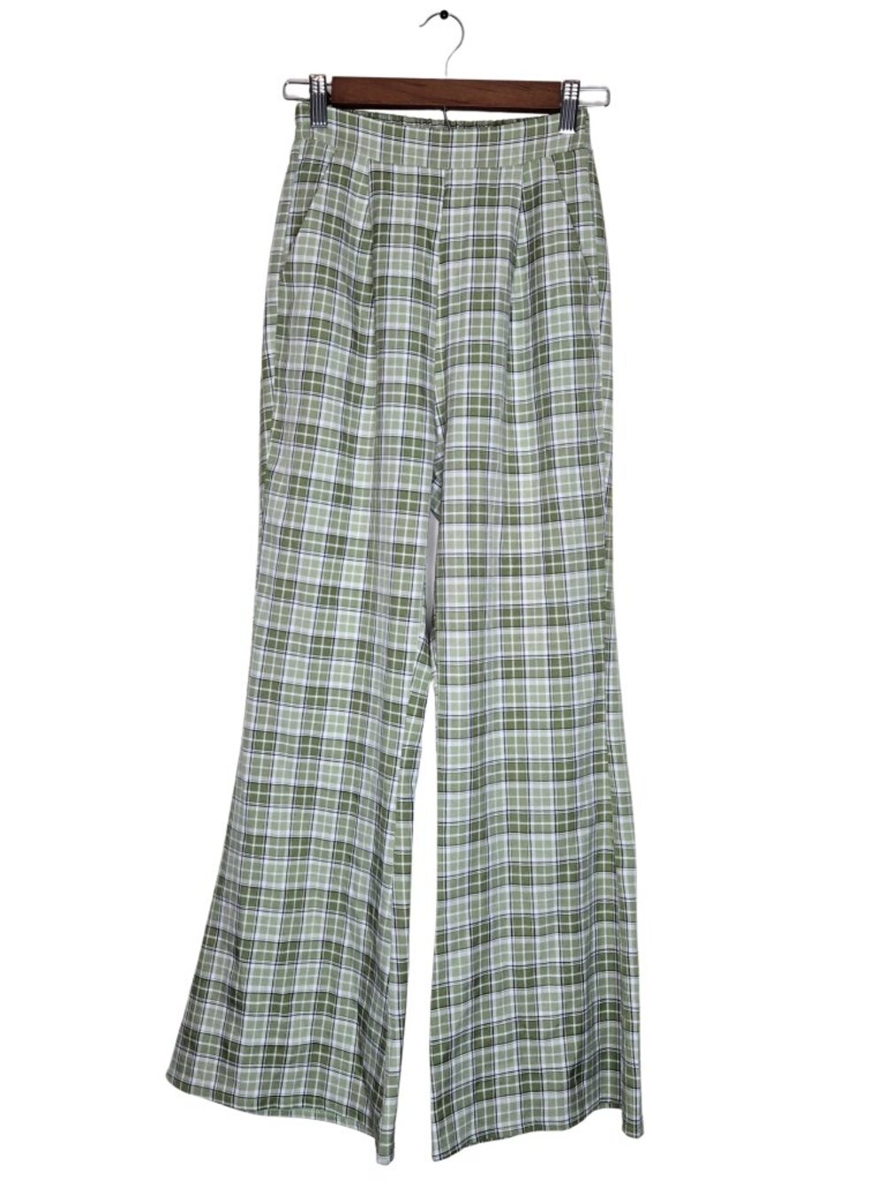 Shein Green and White Plaid Flare Trousers